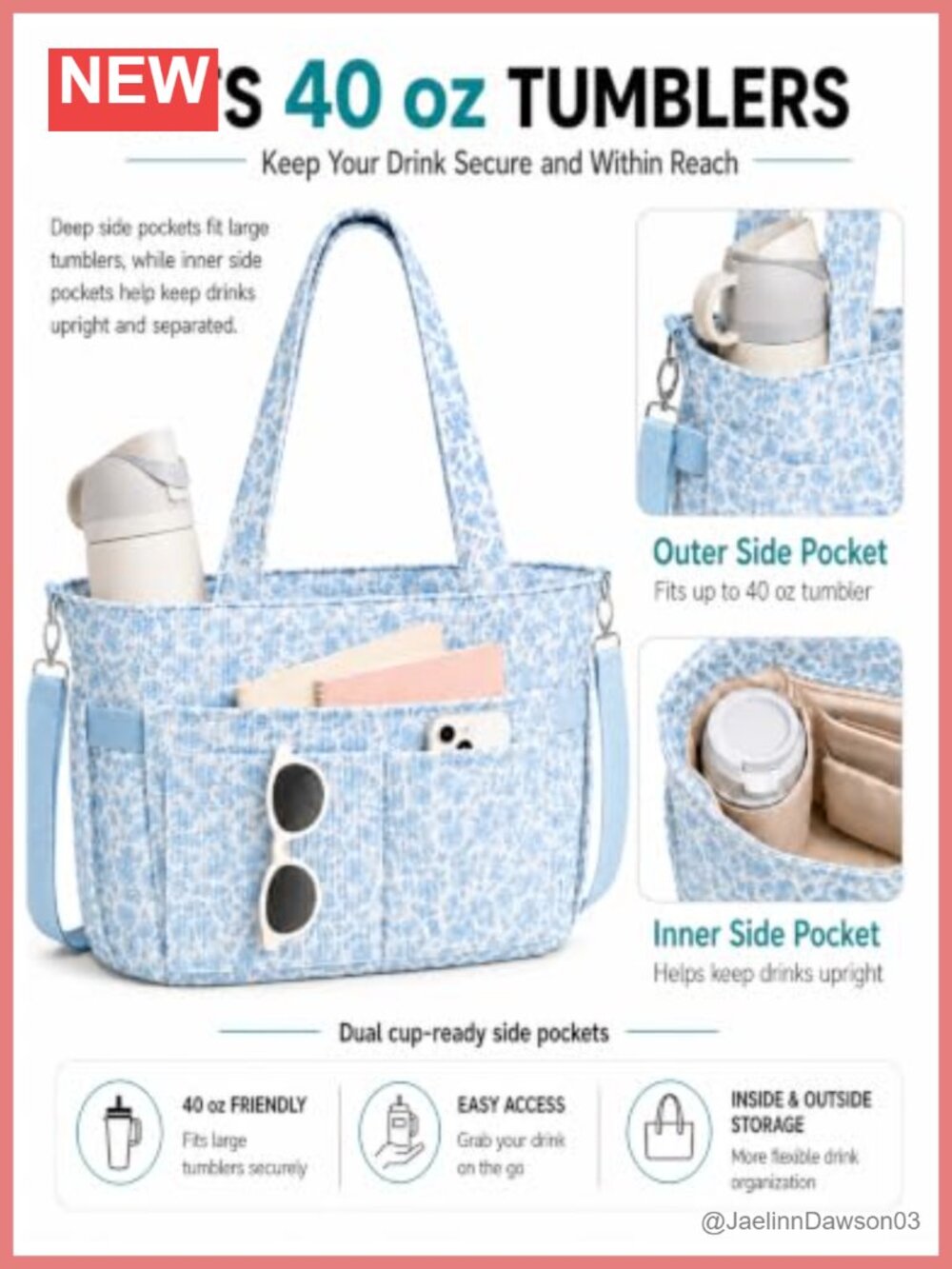 Corduroy Tote Bag Large 17 Pocket Shoulder Bag with 40oz Cup Holder - Picture 6 of 6
